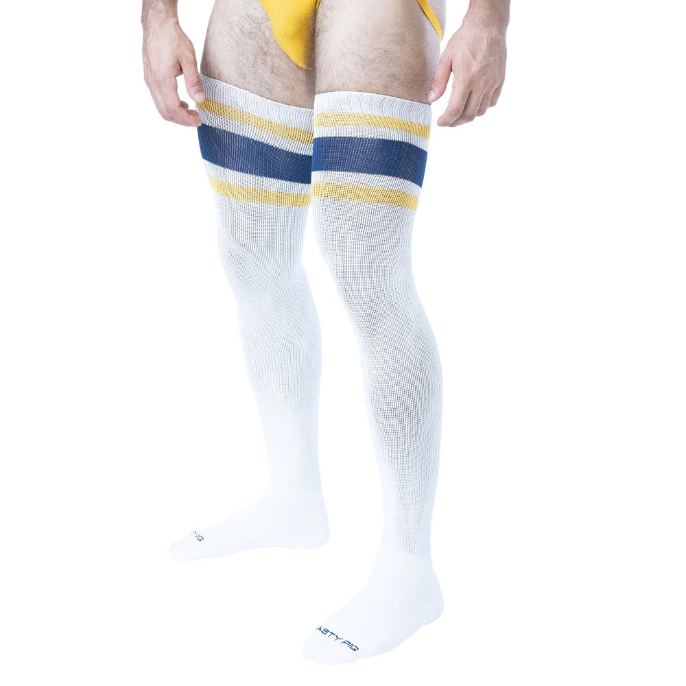 Hook'd Up Thigh High Socks White/Cadet Blue | Nasty Pig