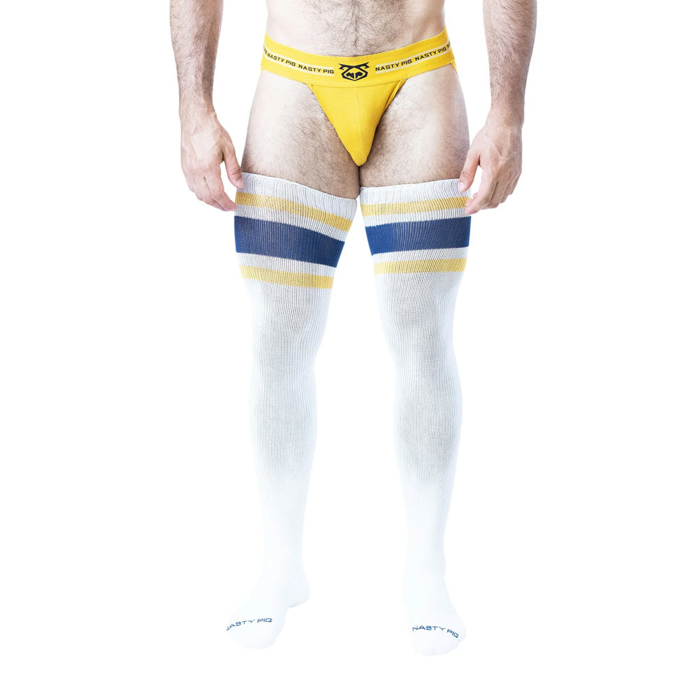 Hook'd Up Thigh High Socks White/Cadet Blue | Nasty Pig