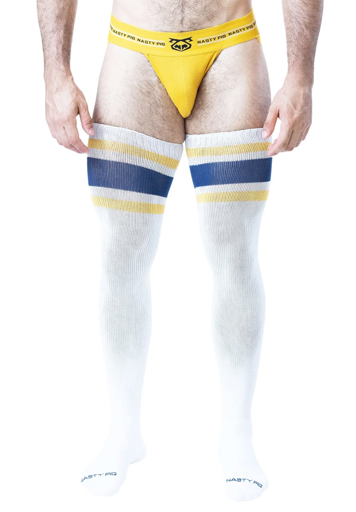 Hook'd Up Thigh High Socks White/Cadet Blue | Nasty Pig